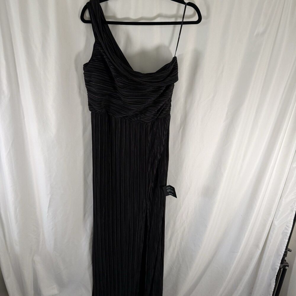 New Lulu's Maxi Dress Women's XL Black One Shoulder Pleated Leg Slit Side Zip